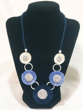 Blue Cream Fringe Flower Silver Tone Pendant Necklace 20" Matinee Statement